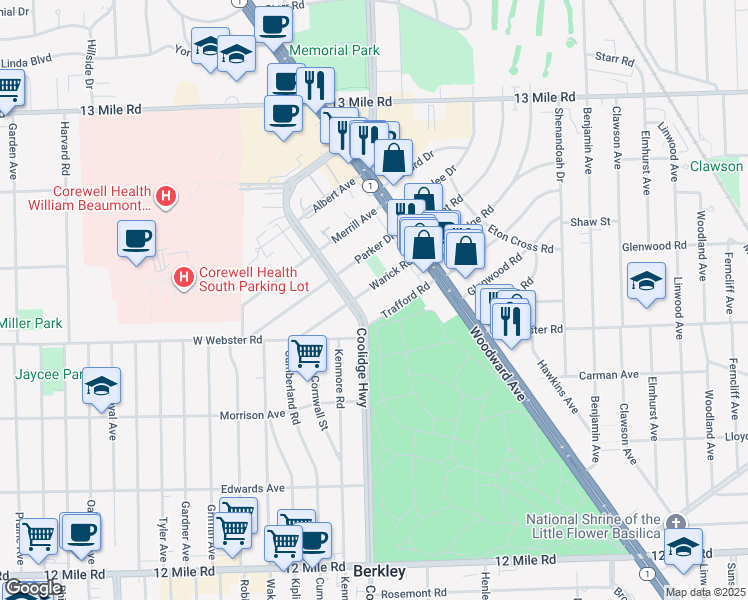 map of restaurants, bars, coffee shops, grocery stores, and more near 2820 Coolidge Highway in Royal Oak