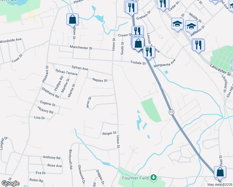 map of restaurants, bars, coffee shops, grocery stores, and more near 301 Union Street in Leominster