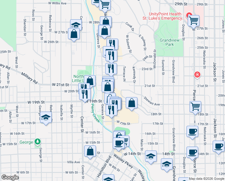 map of restaurants, bars, coffee shops, grocery stores, and more near West 20th Street in Sioux City