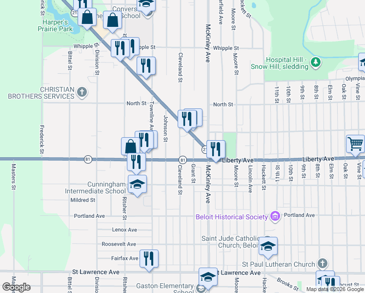 map of restaurants, bars, coffee shops, grocery stores, and more near 1603 Liberty Avenue in Beloit
