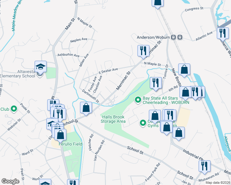 map of restaurants, bars, coffee shops, grocery stores, and more near 63 Merrimac Street in Woburn