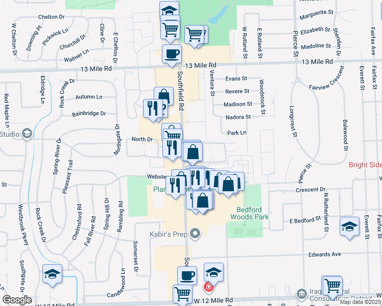 map of restaurants, bars, coffee shops, grocery stores, and more near 30200 Southfield Road in Southfield