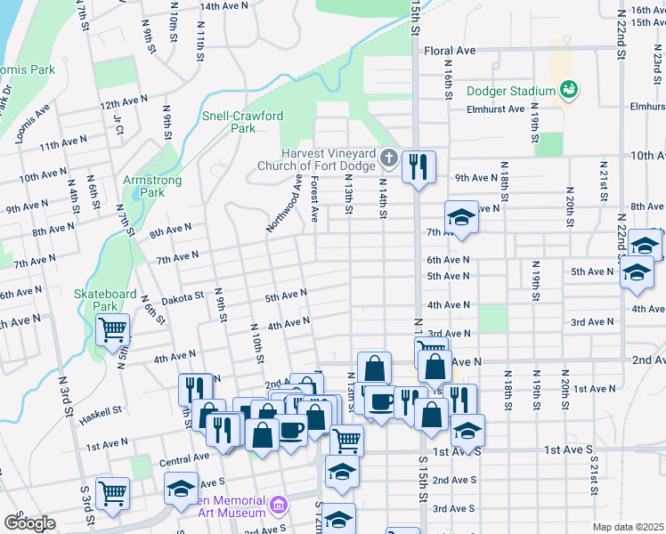 map of restaurants, bars, coffee shops, grocery stores, and more near 1237 6th Avenue North in Fort Dodge