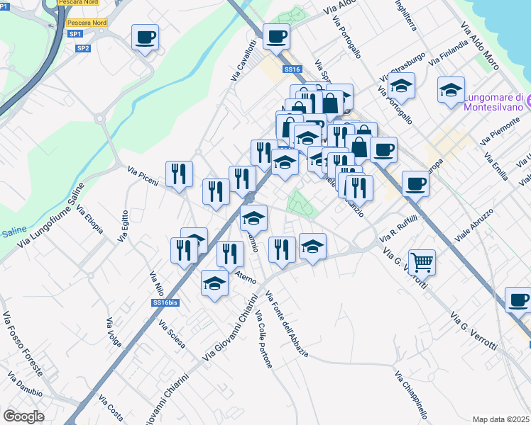 map of restaurants, bars, coffee shops, grocery stores, and more near via Giorgio Almirante in Montesilvano