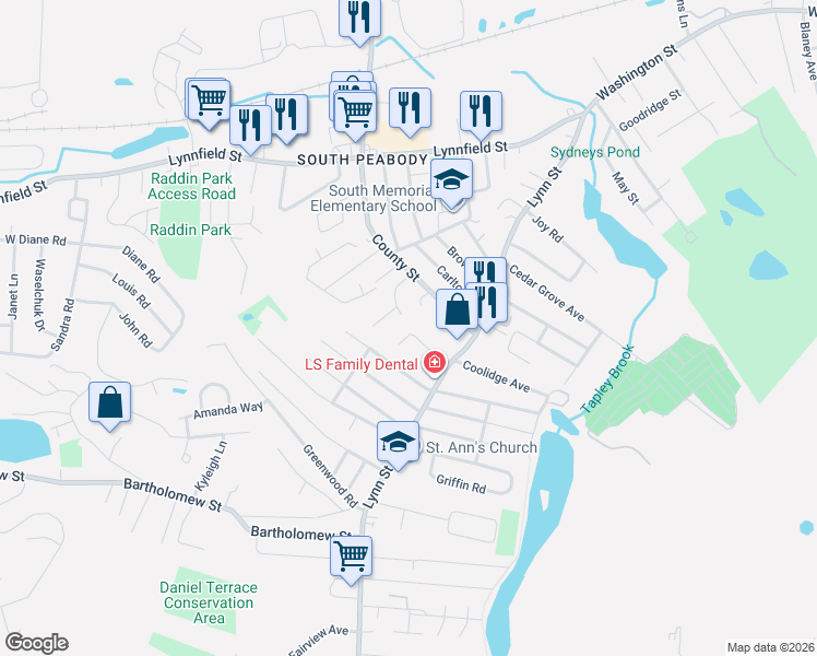 map of restaurants, bars, coffee shops, grocery stores, and more near 12 Winnegance Avenue in Peabody