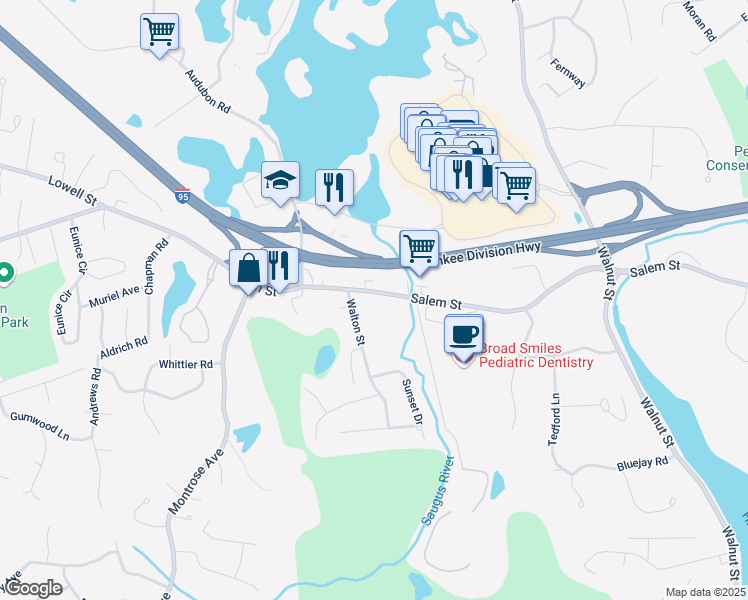 map of restaurants, bars, coffee shops, grocery stores, and more near 580 Salem Street in Wakefield
