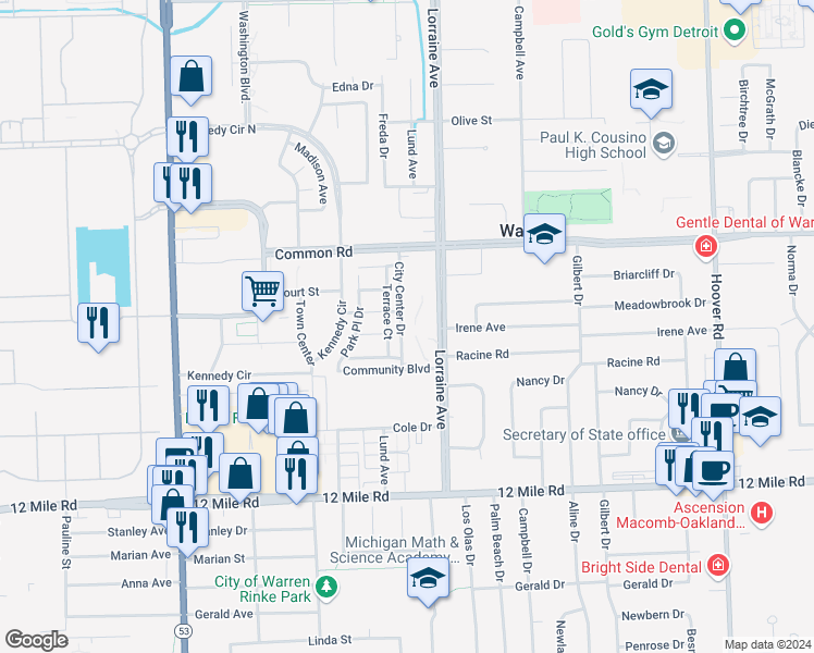 map of restaurants, bars, coffee shops, grocery stores, and more near 29768 City Center Drive in Warren