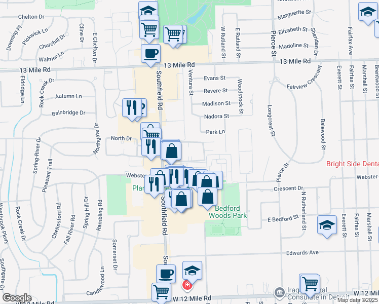 map of restaurants, bars, coffee shops, grocery stores, and more near 30236 Southfield Road in Southfield