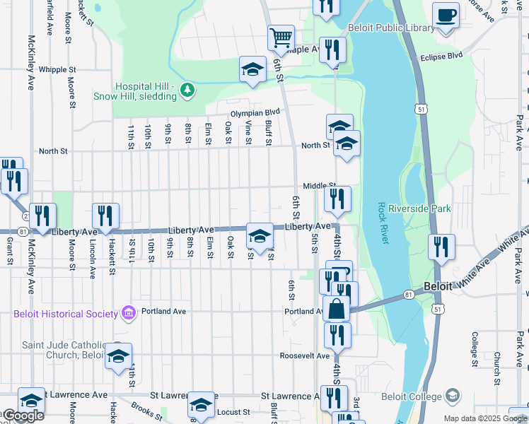 map of restaurants, bars, coffee shops, grocery stores, and more near 1111 Vine Street in Beloit