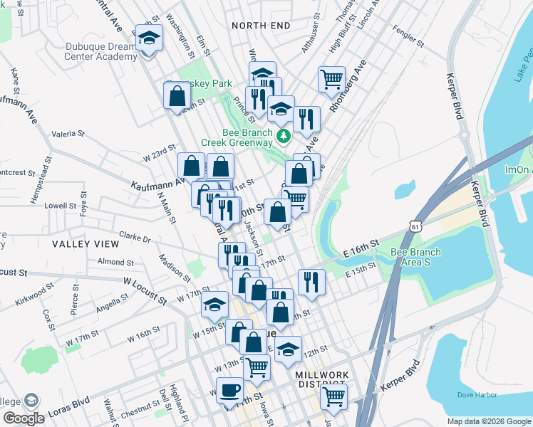map of restaurants, bars, coffee shops, grocery stores, and more near 1937 Washington Street in Dubuque