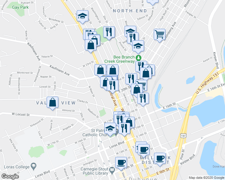 map of restaurants, bars, coffee shops, grocery stores, and more near 2013 Central Avenue in Dubuque