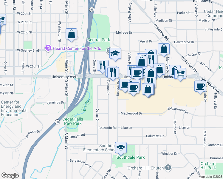 map of restaurants, bars, coffee shops, grocery stores, and more near 2923 Boulder Drive in Cedar Falls