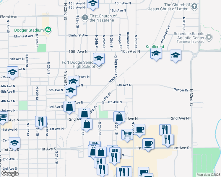 map of restaurants, bars, coffee shops, grocery stores, and more near 440 North 27th Street in Fort Dodge