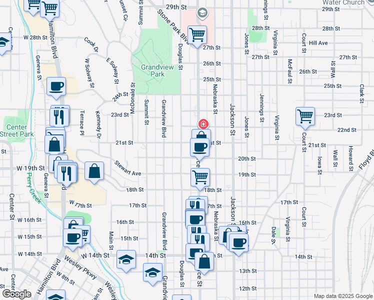 map of restaurants, bars, coffee shops, grocery stores, and more near 2006 Douglas Street in Sioux City