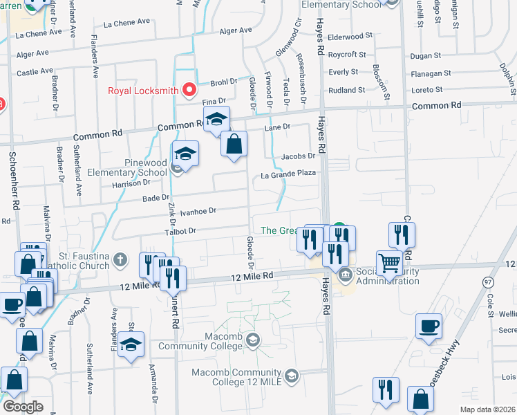 map of restaurants, bars, coffee shops, grocery stores, and more near 14904 Eldorado Terrace in Warren