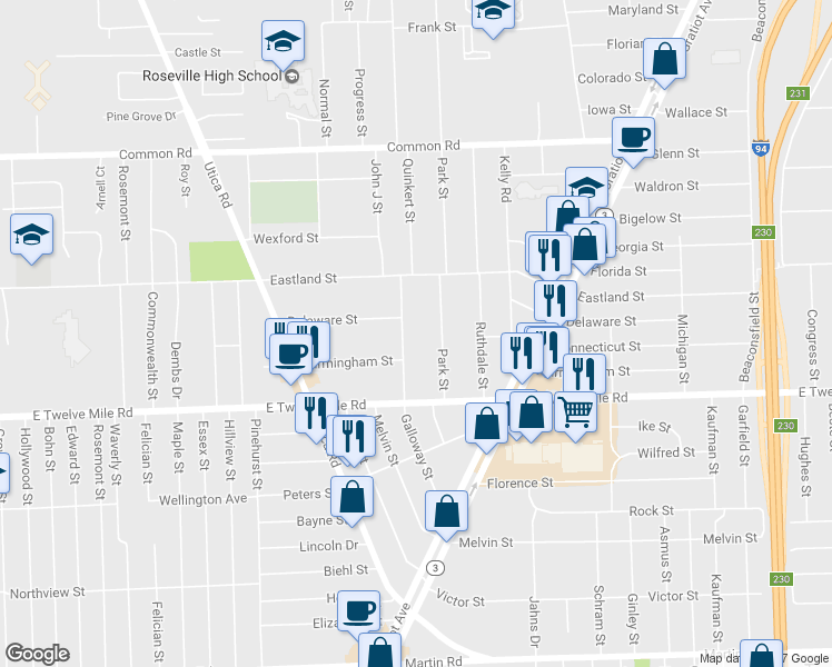 map of restaurants, bars, coffee shops, grocery stores, and more near 29248 Galloway Street in Roseville