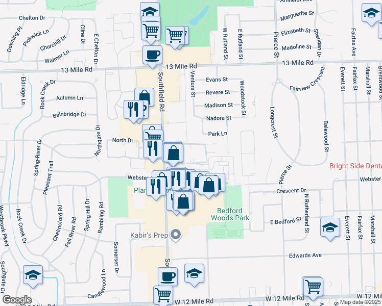map of restaurants, bars, coffee shops, grocery stores, and more near 30284 Southfield Road in Southfield