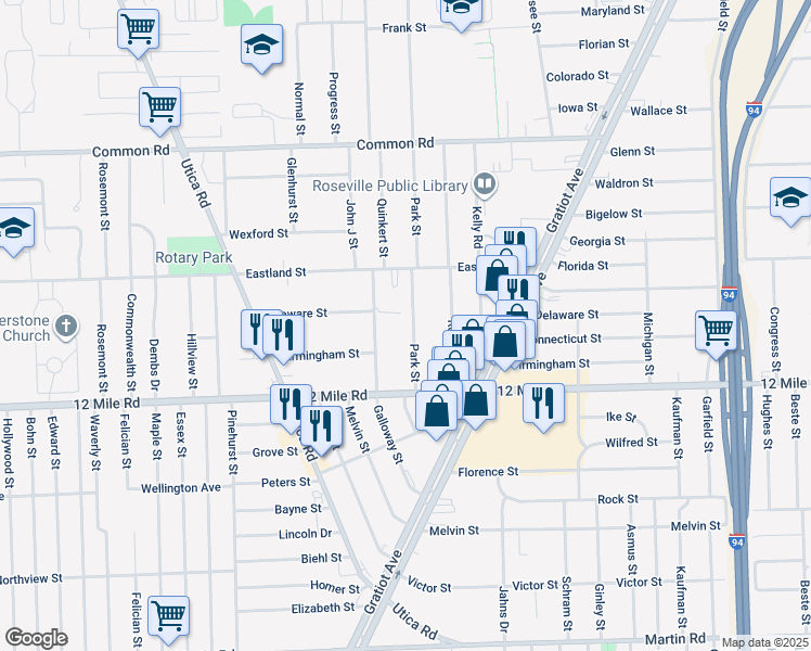 map of restaurants, bars, coffee shops, grocery stores, and more near 29248 Galloway Street in Roseville