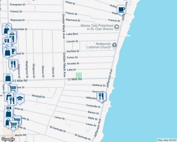 map of restaurants, bars, coffee shops, grocery stores, and more near 22628 Lake Drive in St. Clair Shores