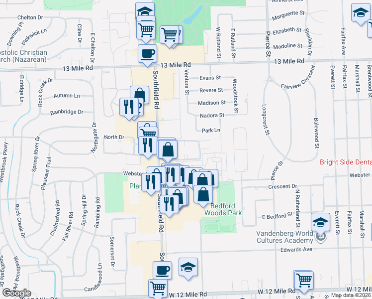 map of restaurants, bars, coffee shops, grocery stores, and more near 30236 Southfield Road in Southfield