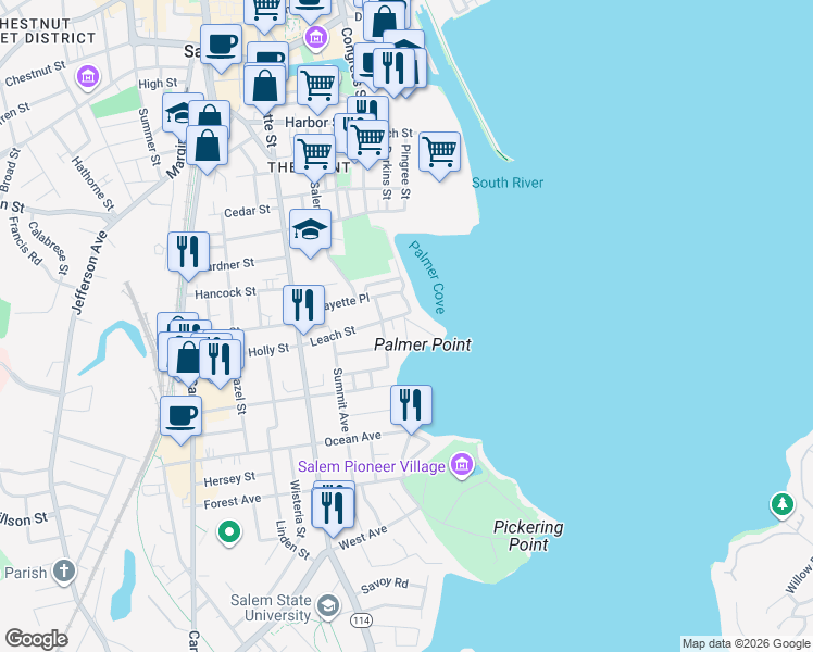 map of restaurants, bars, coffee shops, grocery stores, and more near 104 Leach Street in Salem