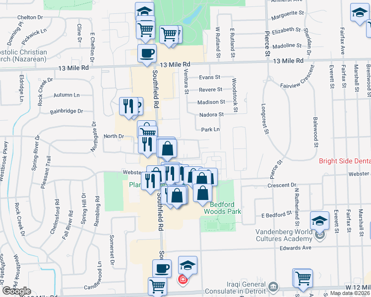 map of restaurants, bars, coffee shops, grocery stores, and more near 30236 Southfield Road in Southfield