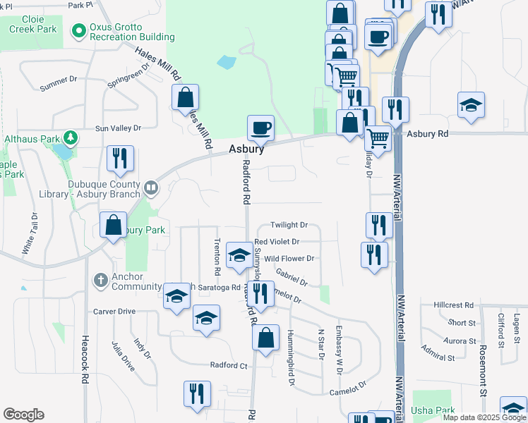 map of restaurants, bars, coffee shops, grocery stores, and more near in Asbury