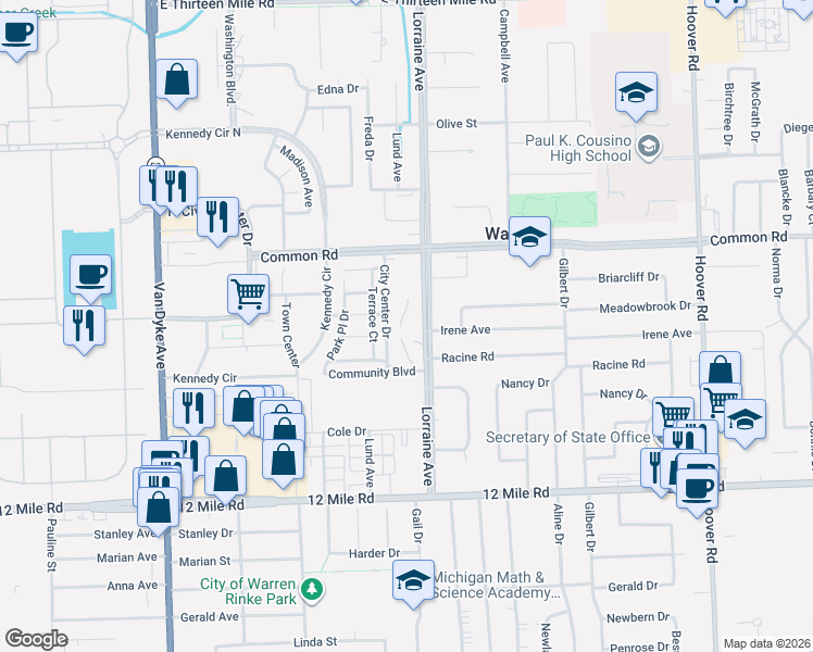map of restaurants, bars, coffee shops, grocery stores, and more near 29768 City Center Drive in Warren