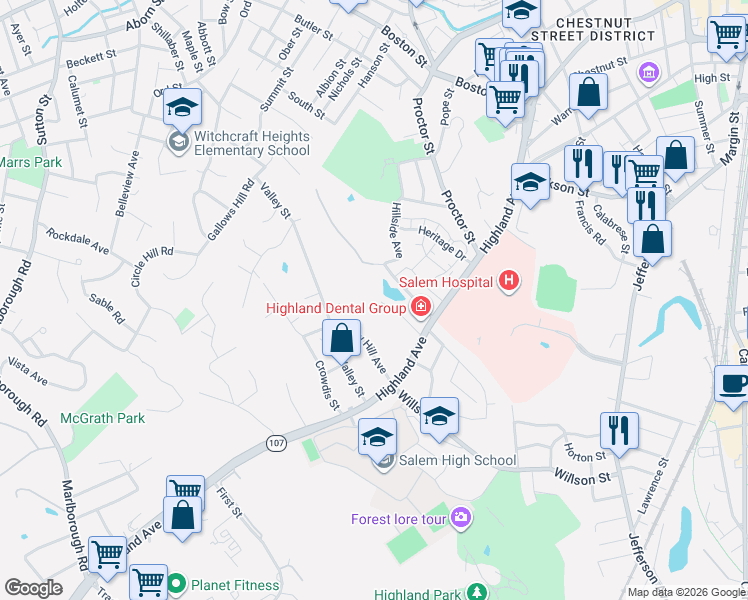 map of restaurants, bars, coffee shops, grocery stores, and more near 14 Almeda Street in Salem