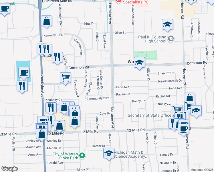 map of restaurants, bars, coffee shops, grocery stores, and more near 29768 City Center Drive in Warren