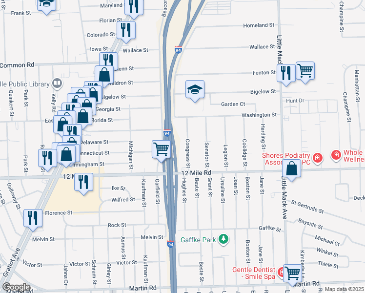 map of restaurants, bars, coffee shops, grocery stores, and more near 29141 Congress Street in Roseville