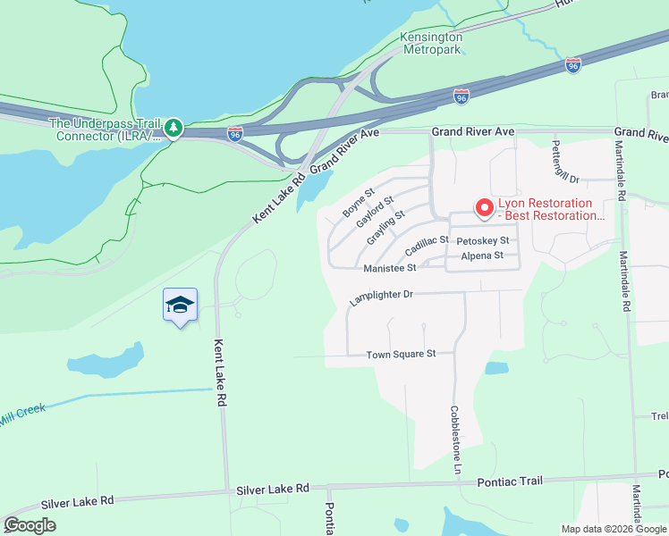 map of restaurants, bars, coffee shops, grocery stores, and more near 301 Boyne Street in New Hudson