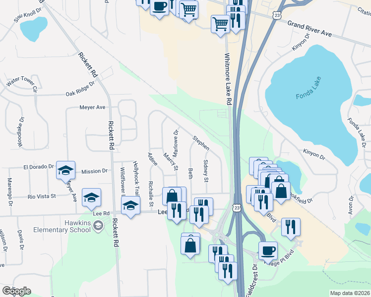 map of restaurants, bars, coffee shops, grocery stores, and more near 6259 Marlowe Drive in Brighton