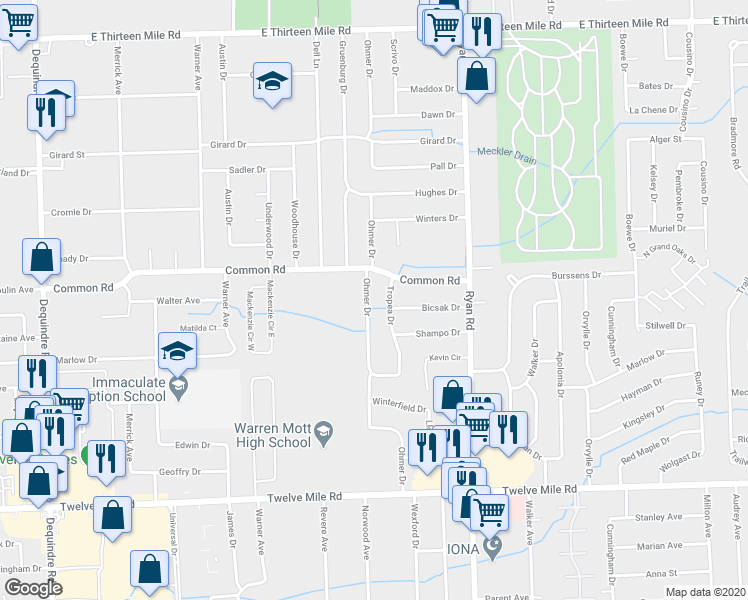map of restaurants, bars, coffee shops, grocery stores, and more near 29802 Ohmer Drive in Warren