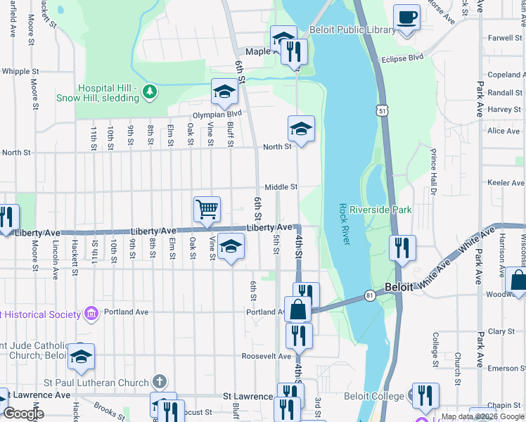 map of restaurants, bars, coffee shops, grocery stores, and more near 1115 6th Street in Beloit