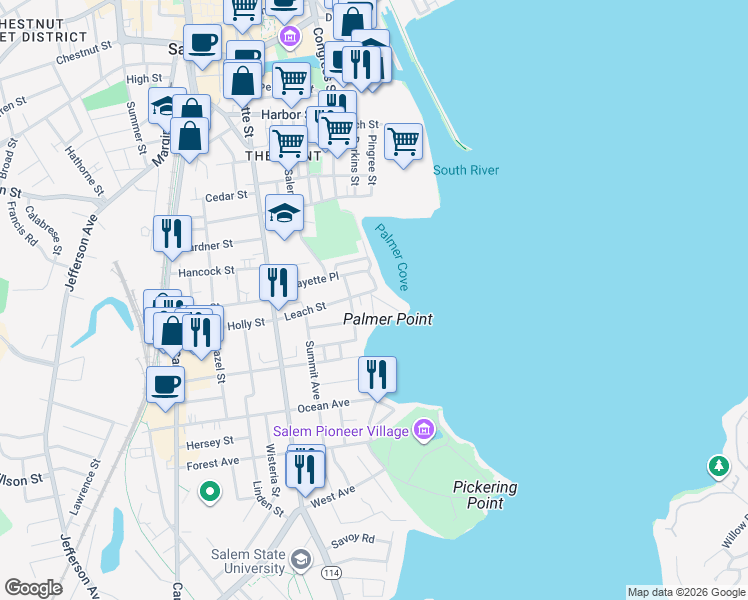 map of restaurants, bars, coffee shops, grocery stores, and more near 104 Leach Street in Salem