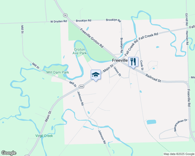 map of restaurants, bars, coffee shops, grocery stores, and more near 37 Main Street in Freeville