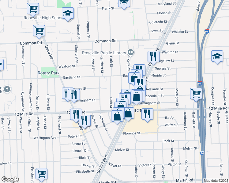 map of restaurants, bars, coffee shops, grocery stores, and more near 29170 Park Street in Roseville