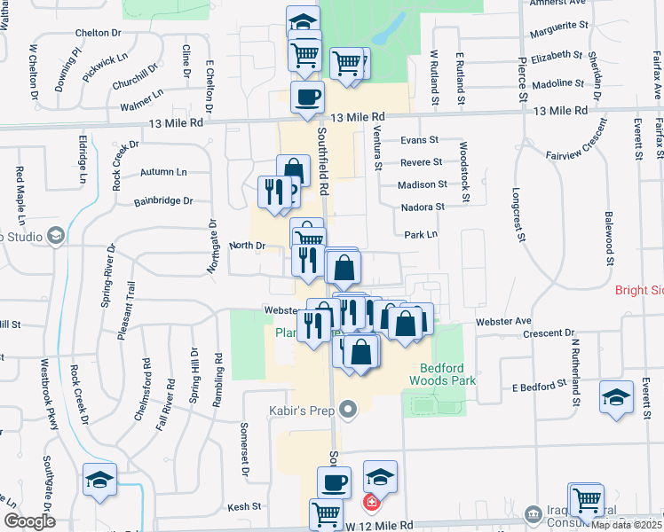 map of restaurants, bars, coffee shops, grocery stores, and more near 30161 Southfield Road in Southfield