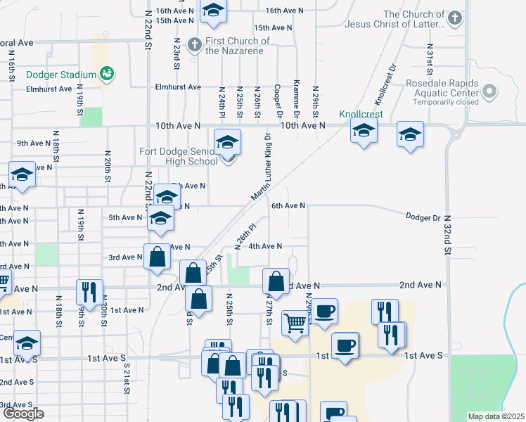map of restaurants, bars, coffee shops, grocery stores, and more near 440 North 27th Street in Fort Dodge