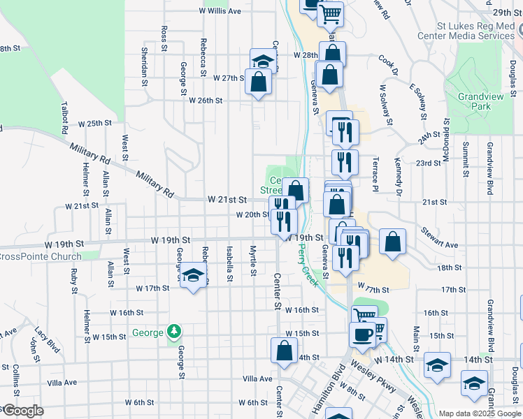 map of restaurants, bars, coffee shops, grocery stores, and more near 1923 Center Street in Sioux City