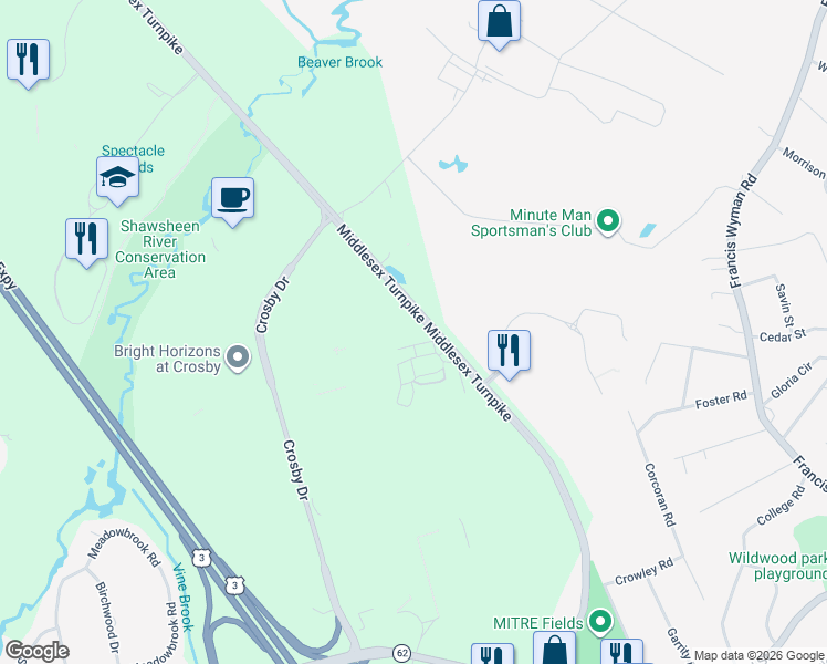map of restaurants, bars, coffee shops, grocery stores, and more near 50 Middlesex Turnpike in Bedford