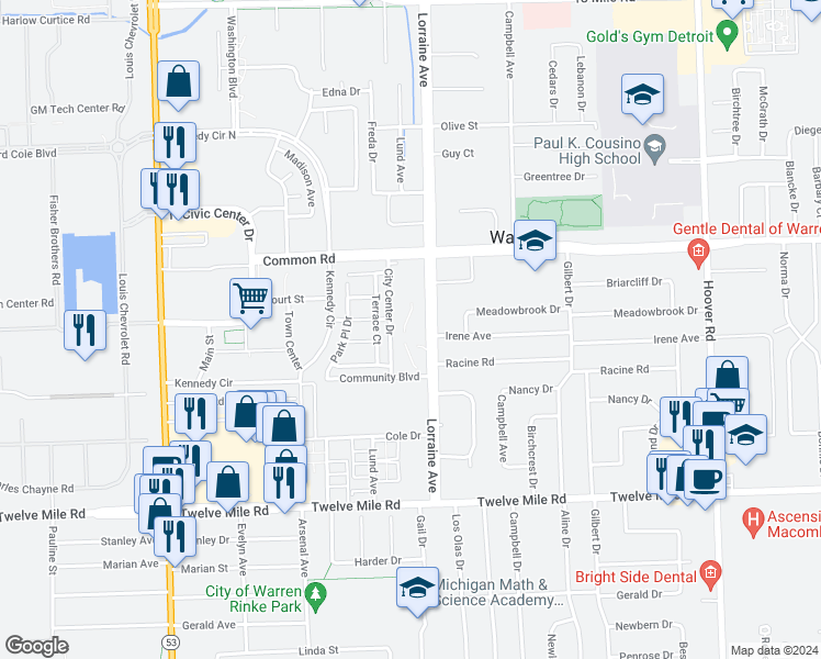 map of restaurants, bars, coffee shops, grocery stores, and more near 29768 City Center Drive in Warren