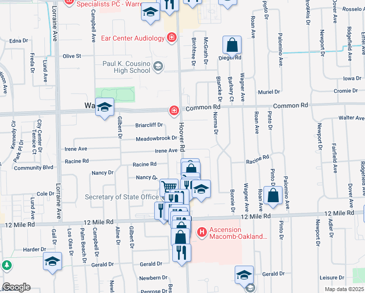 map of restaurants, bars, coffee shops, grocery stores, and more near 29640 Hoover Road in Warren