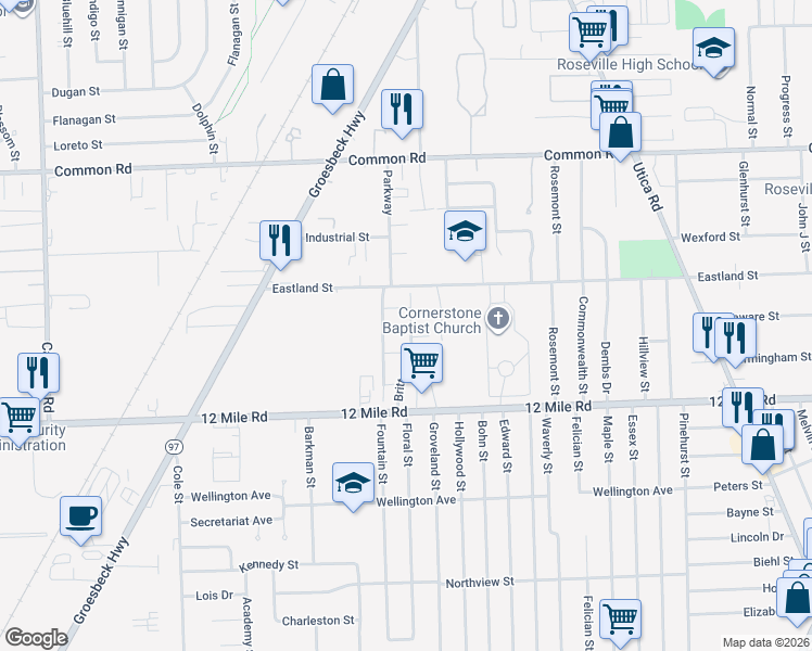 map of restaurants, bars, coffee shops, grocery stores, and more near 29153 East Rose in Roseville