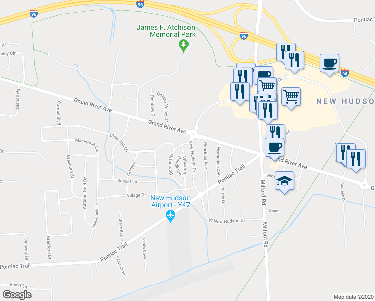 map of restaurants, bars, coffee shops, grocery stores, and more near 31058 Wheaton in Lyon Charter Township