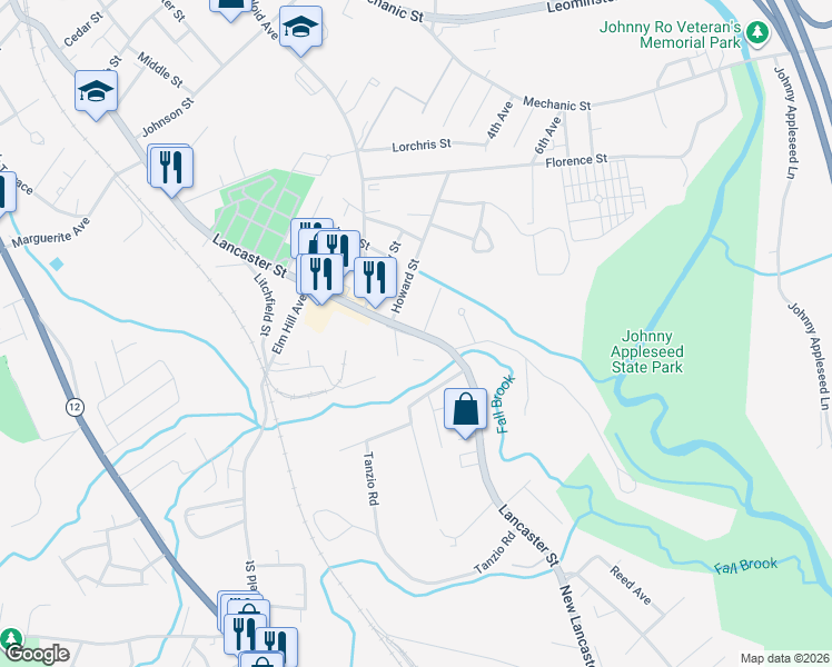 map of restaurants, bars, coffee shops, grocery stores, and more near Lancaster Street in Leominster