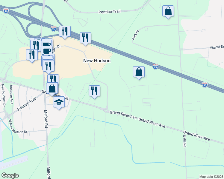 map of restaurants, bars, coffee shops, grocery stores, and more near 30075 Research Drive in Lyon Charter Township