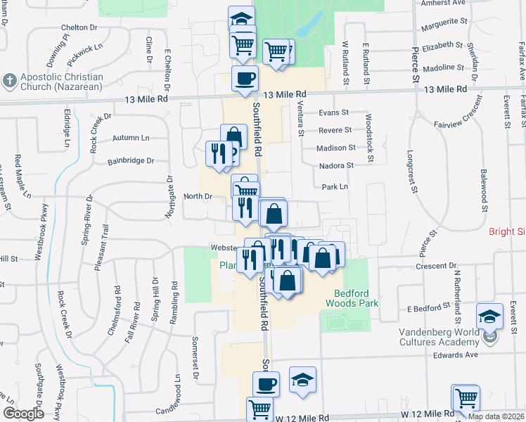 map of restaurants, bars, coffee shops, grocery stores, and more near 30232 Southfield Road in Southfield
