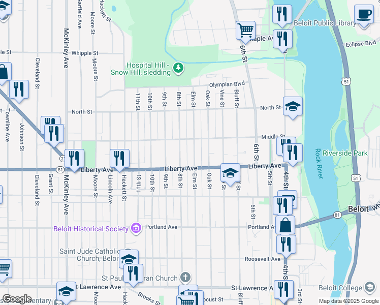 map of restaurants, bars, coffee shops, grocery stores, and more near 1116 Elm Street in Beloit
